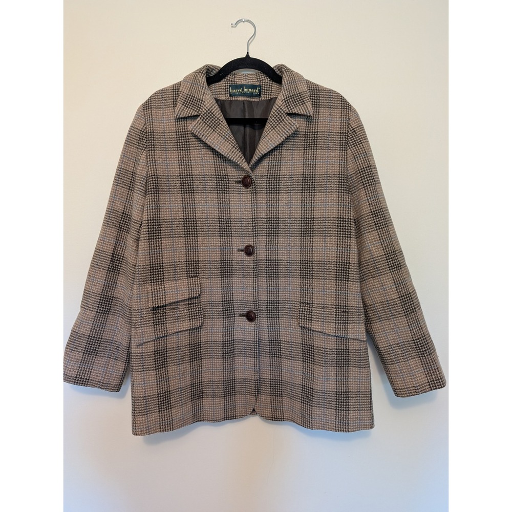 Vintage Harve Benard Plaid Tweed Blazer Jacket Elbow Patches Brown Blue (No Tag)